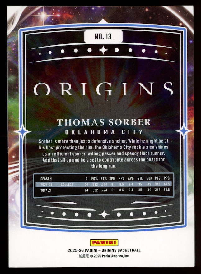 THOMAS SORBER 2025-26 Panini Origins Rookie Pink /15 #13 Thunder