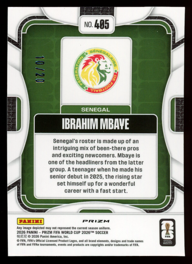 IBRAHIM MBAYE 2026 Panini Prizm FIFA World Cup Rookie White Disco /20 #405