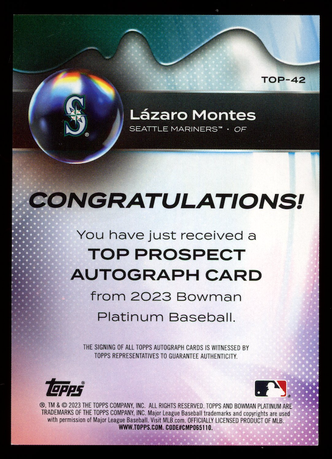 LAZARO MONTES 2023 Bowman Platinum Prospect Auto Ice Foil /50 #TOP-42 Mariners