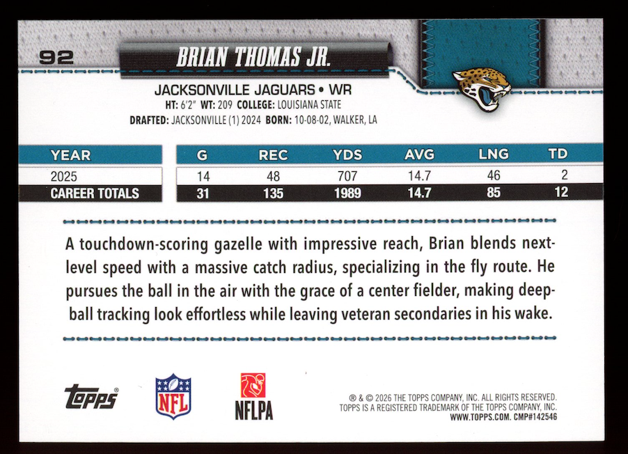 BRIAN THOMAS JR. 2026 Topps Flagship Jersey Number Parallel SSP #92 Jaguars