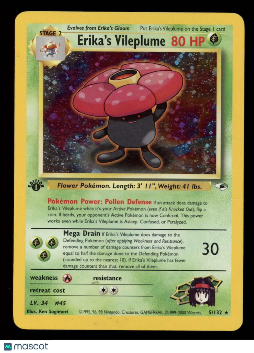 ERIKA'S VILEPLUME 2000 Pokemon Gym Heroes Holo 1st Edition #5/132 Damaged