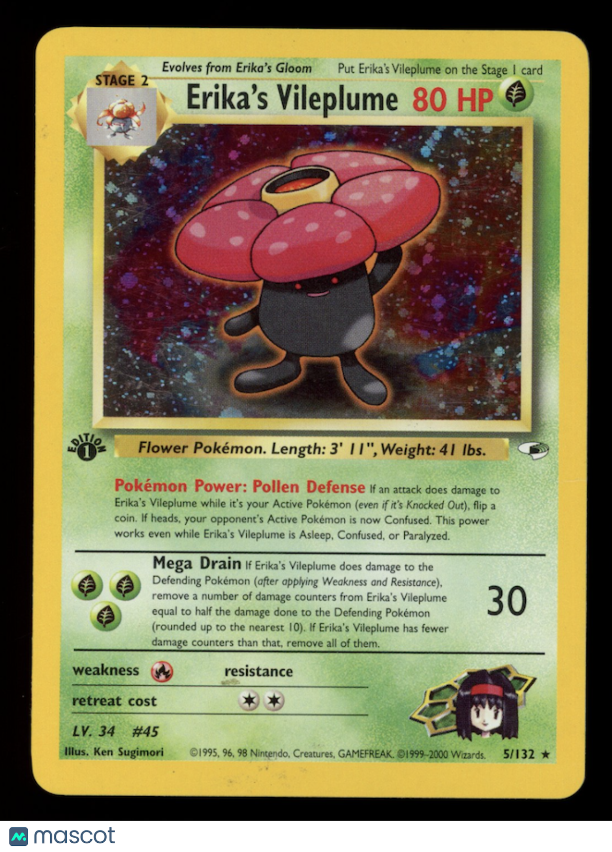 ERIKA'S VILEPLUME 2000 Pokemon Gym Heroes Holo 1st Edition #5/132 Damaged