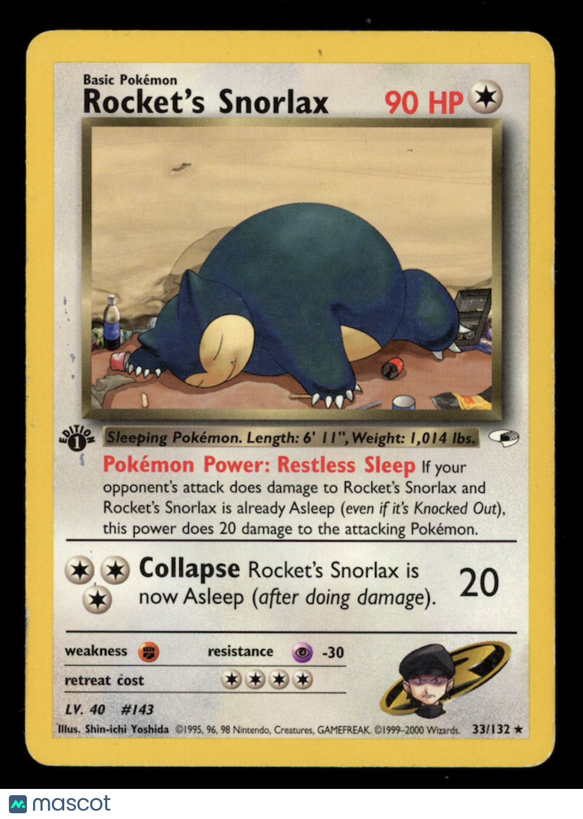 ROCKET'S SNORLAX 2000 Pokemon Gym Heroes Rocket's Rare 1st Edition #33/132