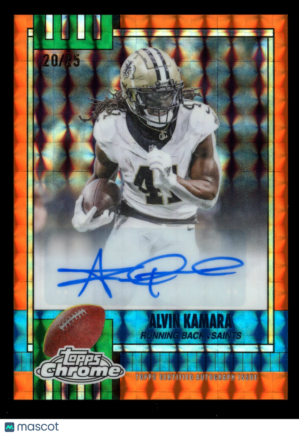 ALVIN KAMARA 2025 Topps Chrome 1990 Auto Orange Geometric /25 #1990-AK Saints