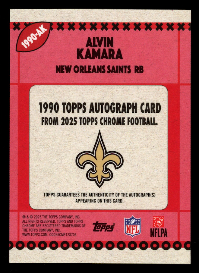 ALVIN KAMARA 2025 Topps Chrome 1990 Auto Orange Geometric /25 #1990-AK Saints