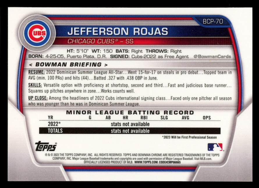 JEFFERSON ROJAS 2023 Bowman Chrome 1st Prospect Blue Refractor /150 #BCP-70 Cubs