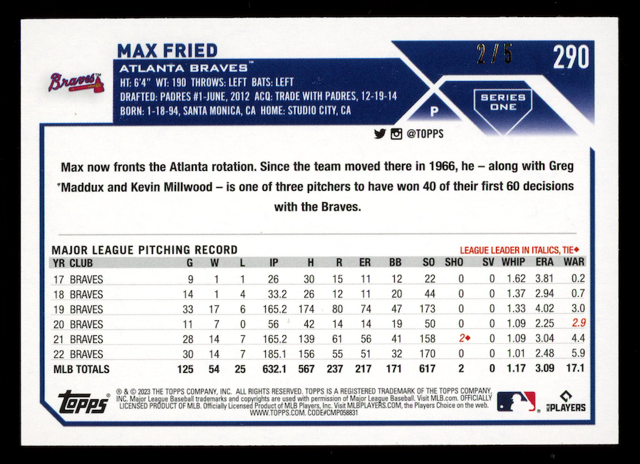 MAX FRIED 2023 Topps Series 1 1st Edition Light Blue Foil /5 #290 Braves