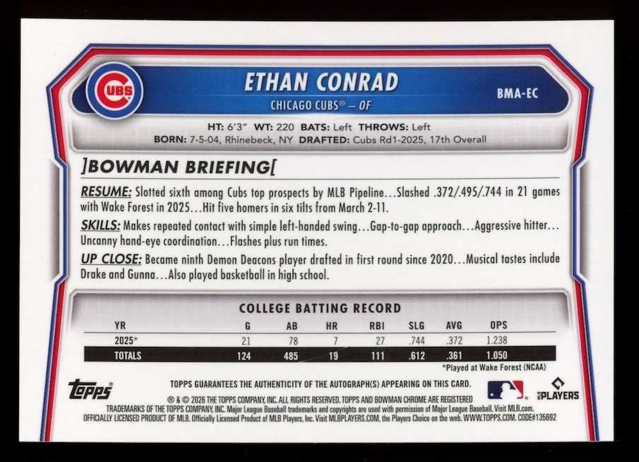 ETHAN CONRAD 2026 Bowman Mega Chrome Purple Mojo Auto /199 #BMA-EC Cubs