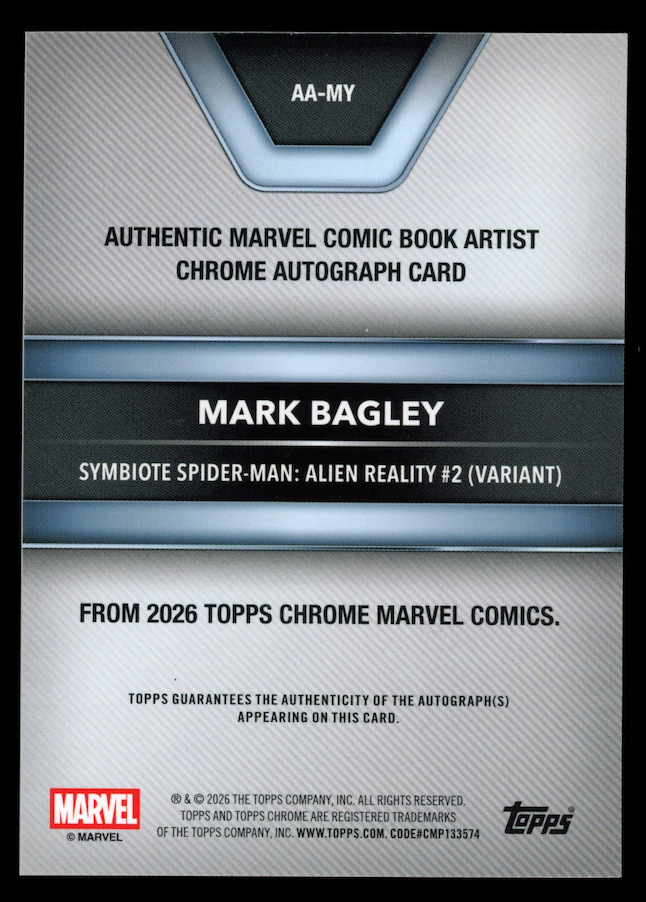 MARK BAGLEY 2026 Topps Chrome Marvel Comics Auto Symbiote Spider-Man #AA-MY