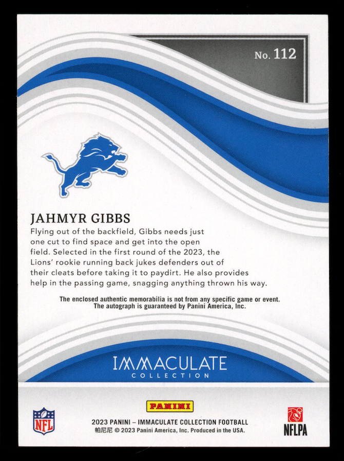 JAHMYR GIBBS 2023 Panini Immaculate Collection Rookie Patch Auto Gold /25 #112