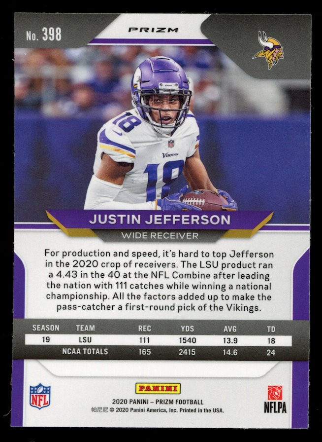JUSTIN JEFFERSON 2020 Panini Prizm Rookie Red Ice #398 Vikings