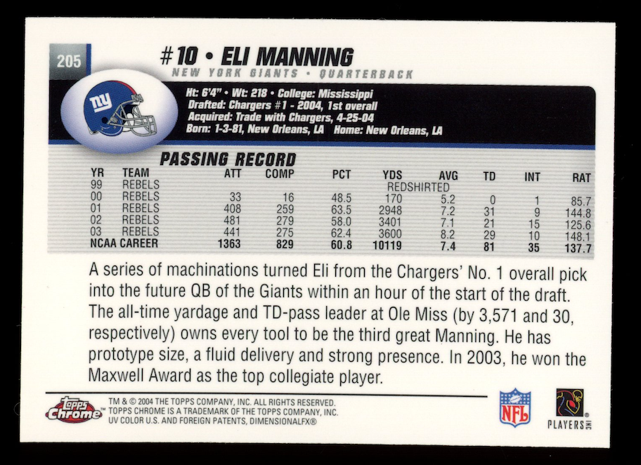 ELI MANNING 2004 Topps Chrome Football Rookie Card #205 Giants