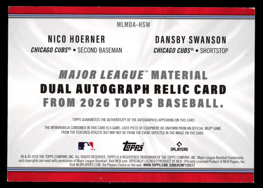 DANSBY SWANSON NICO HOERNER 2026 Topps Dual Patch Auto Black /10 #MLMDA-HSW