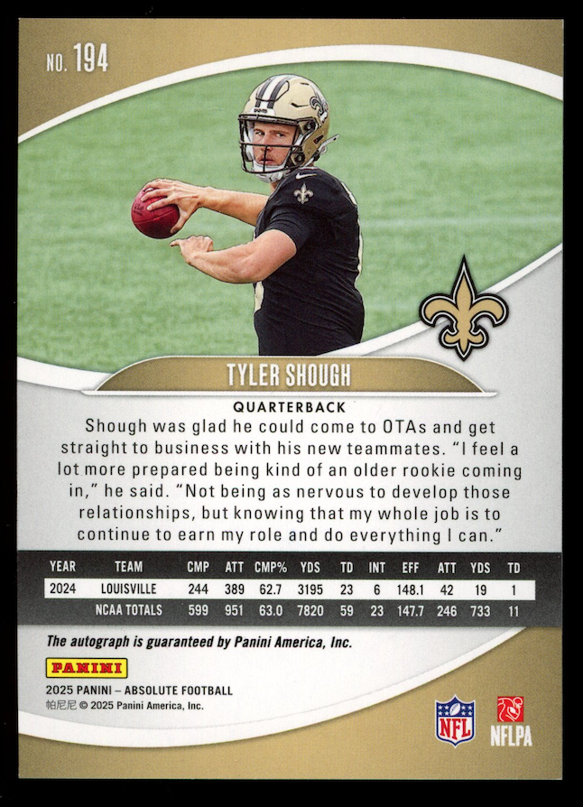 TYLER SHOUGH 2025 Panini Absolute Rookie Auto #194 Saints