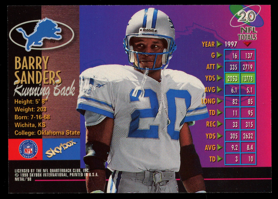 BARRY SANDERS 1998 SkyBox Metal Universe #20 Detroit Lions