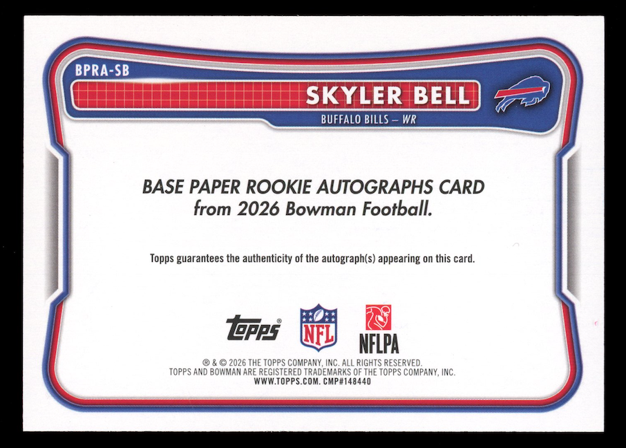 SKYLER BELL 2026 Bowman Rookie Auto Green /99 #BPRA-SB Bills