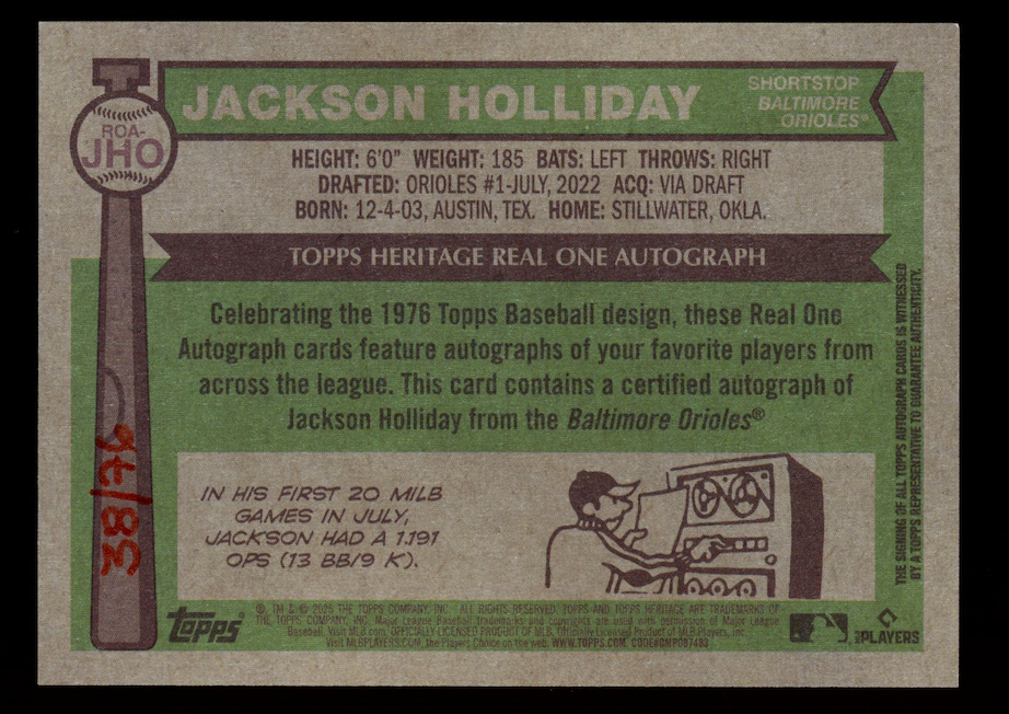 JACKSON HOLLIDAY 2025 Topps Heritage Real One Red Ink Auto /76 #ROA-JOH Orioles