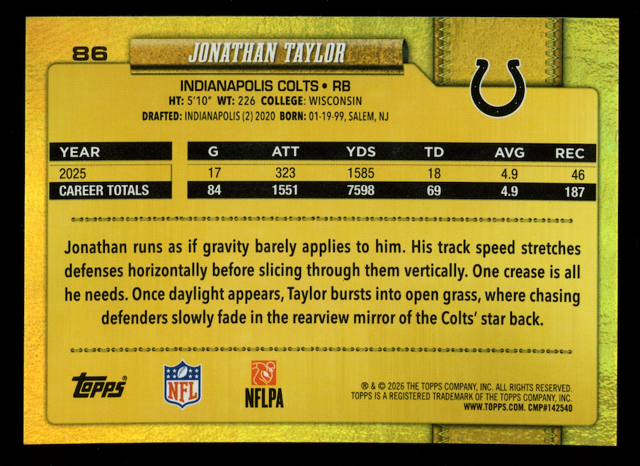 JONATHAN TAYLOR 2026 Topps Flagship Golden Mirror SSP #86 Colts