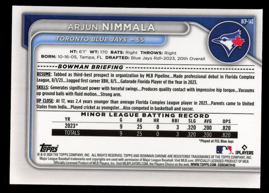 ARJUN NIMMALA 2024 Bowman Chrome Sapphire Yellow Refractor /75 #BCP-142 Jays