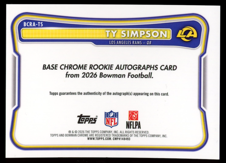 TY SIMPSON 2026 Bowman Chrome Rookie Auto Green Refractor /99 Rams