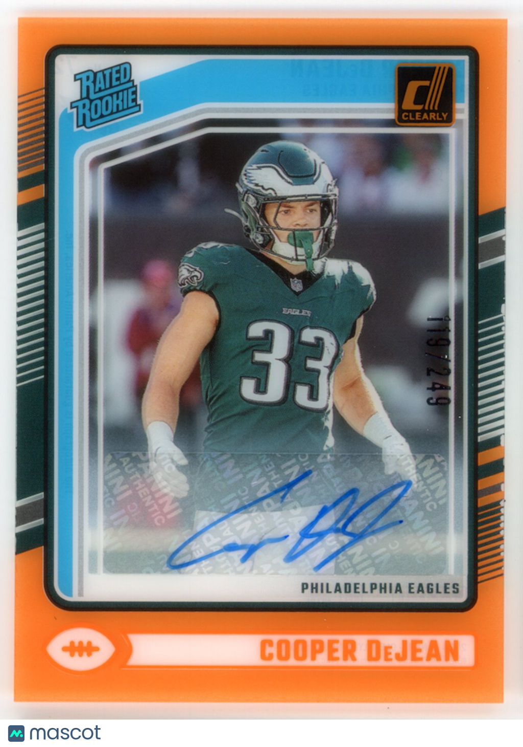 COOPER DEJEAN 2025 Panini Clearly Donruss Rated Rookie Orange Auto /249 #72