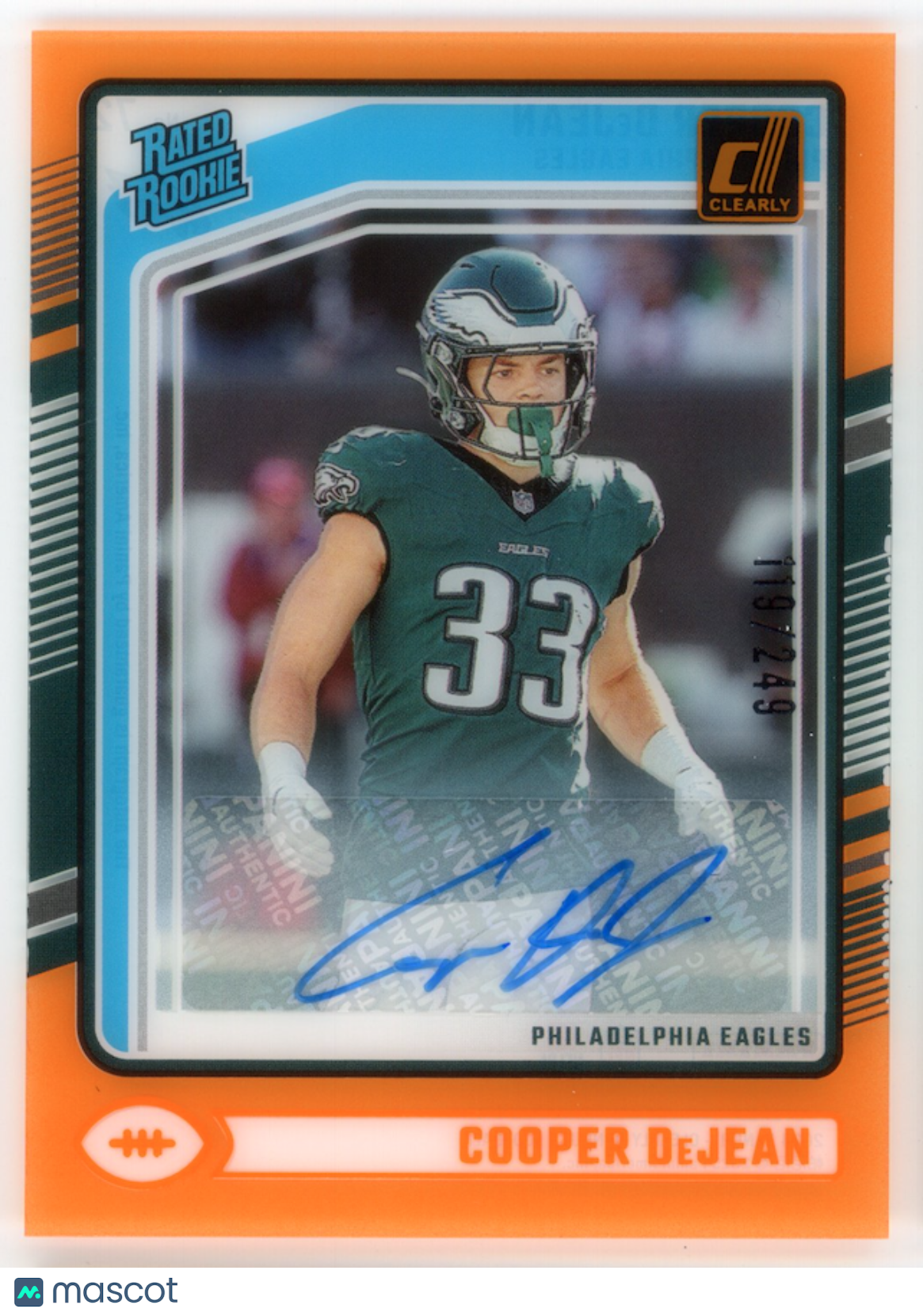 COOPER DEJEAN 2025 Panini Clearly Donruss Rated Rookie Orange Auto /249 #72