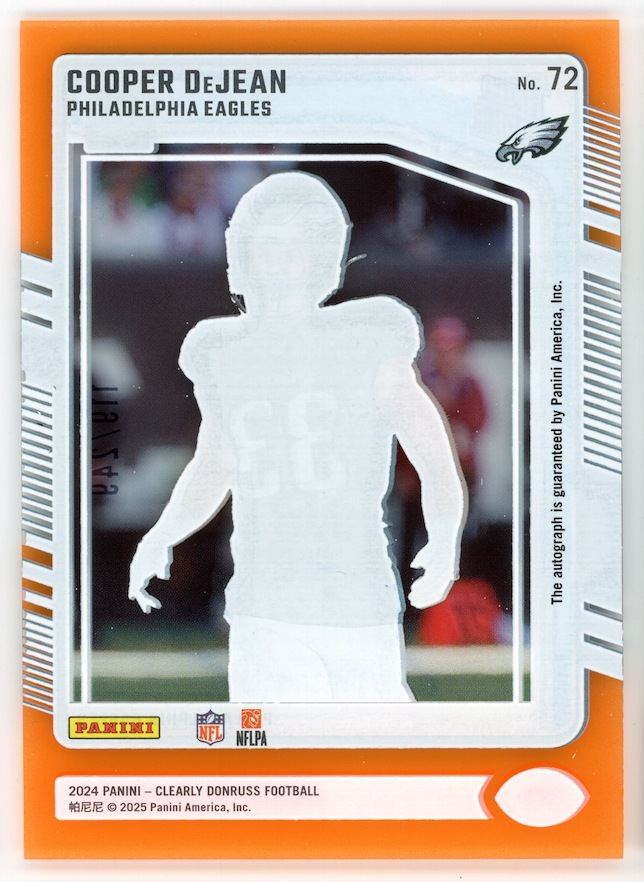 COOPER DEJEAN 2025 Panini Clearly Donruss Rated Rookie Orange Auto /249 #72