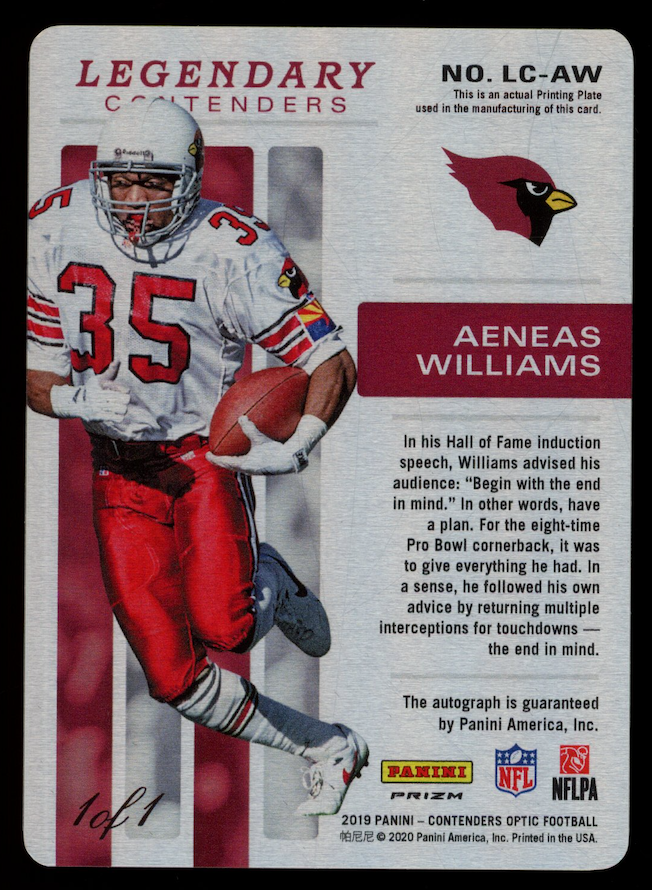AENEAS WILLIAMS 2019 Panini Contenders Optic Auto Printing Plate 1/1 #LC-AW