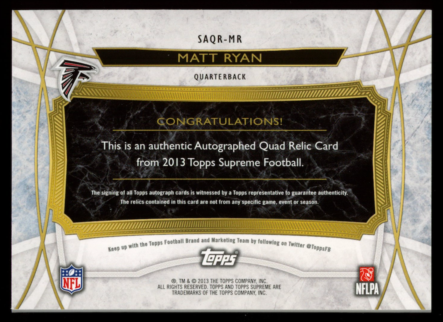 MATT RYAN 2013 Topps Supreme Quad Patch Auto Blue /10 #SAQR-MR Falcons