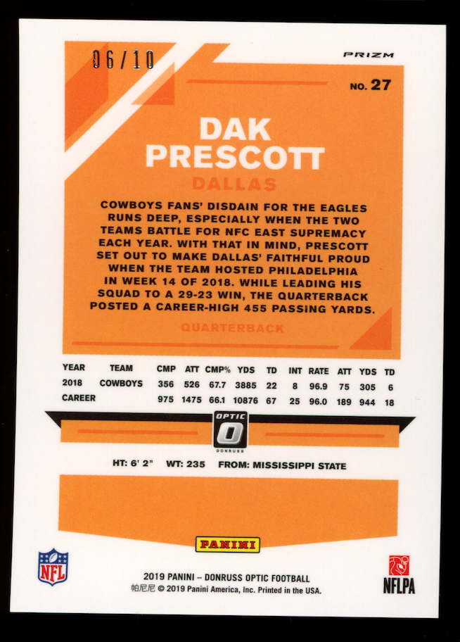 DAK PRESCOTT 2019 Panini Donruss Optic Gold Prizm /10 #27 Cowboys