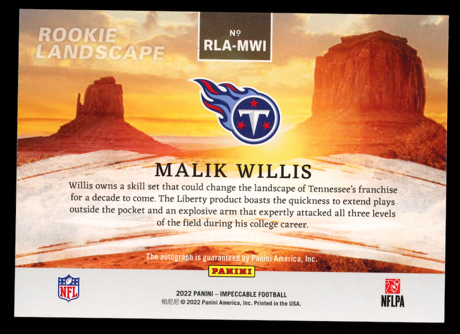 MALIK WILLIS 2022 Panini Impeccable Rookie Landscape Auto Silver /49 #RLA-MWI