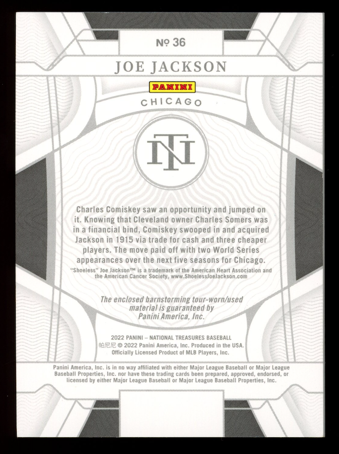 JOE JACKSON 2022 Panini National Treasures Bat Patch Relic Holo Gold /5 #36