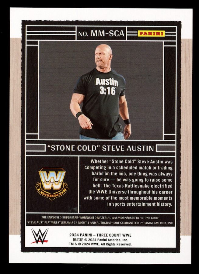 STONE COLD STEVE AUSTIN 2024 Panini Three Count WWE Mat Relic Auto /25 #MM-SCA