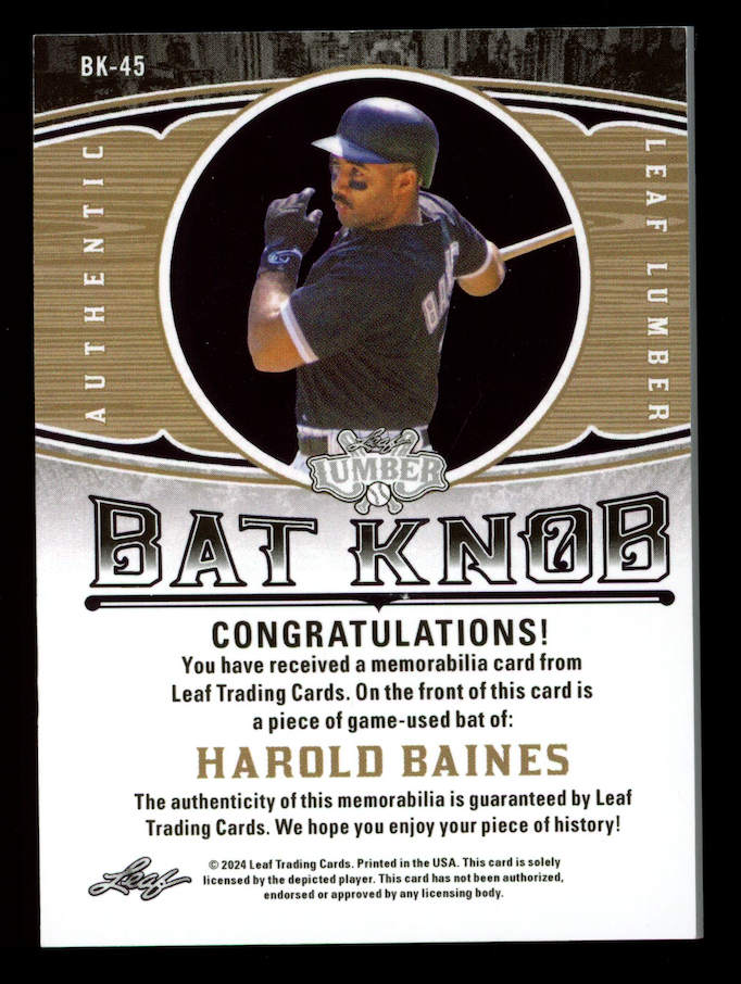 HAROLD BAINES 2024 Leaf Lumber Game Used Bat Knob Relic 1/1 #BK-45 White Sox