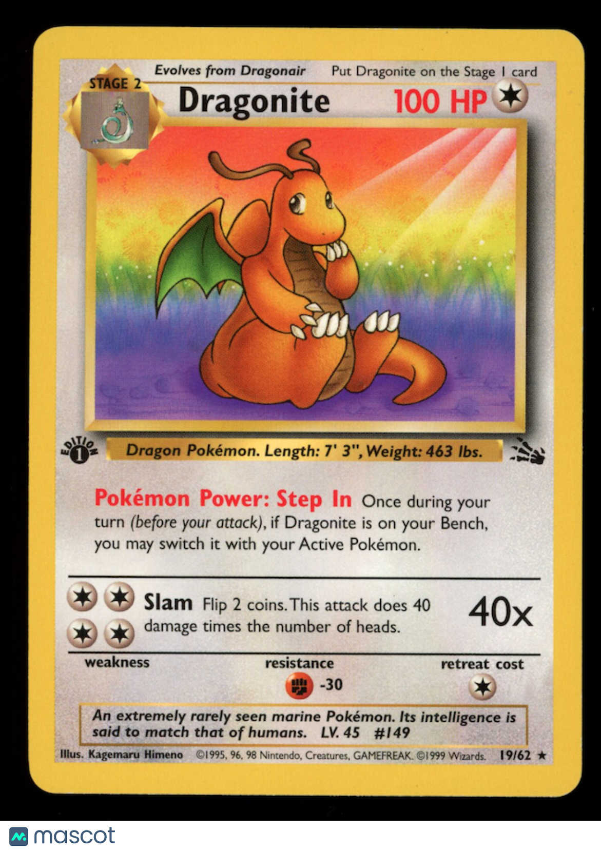 DRAGONITE 1999 Pokemon Fossil Rare 1st Edition #19/62