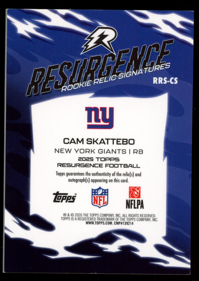 CAM SKATTEBO 2025 Topps Resurgence Rookie Relic Patch Auto Purple /75 #RRS-CS