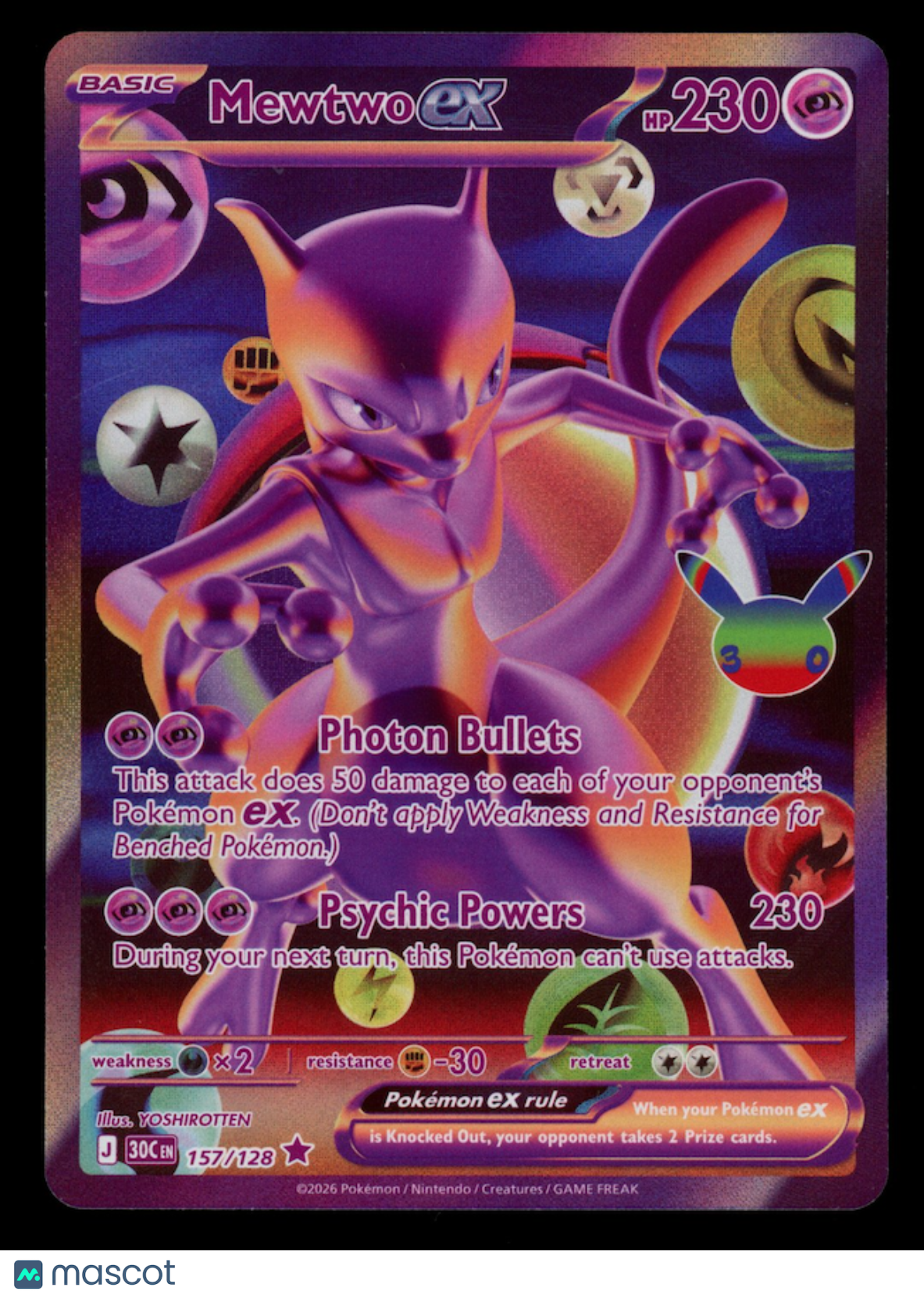 MEWTWO EX 2026 Pokemon 30th Celebration Futuristic Rare #157/128