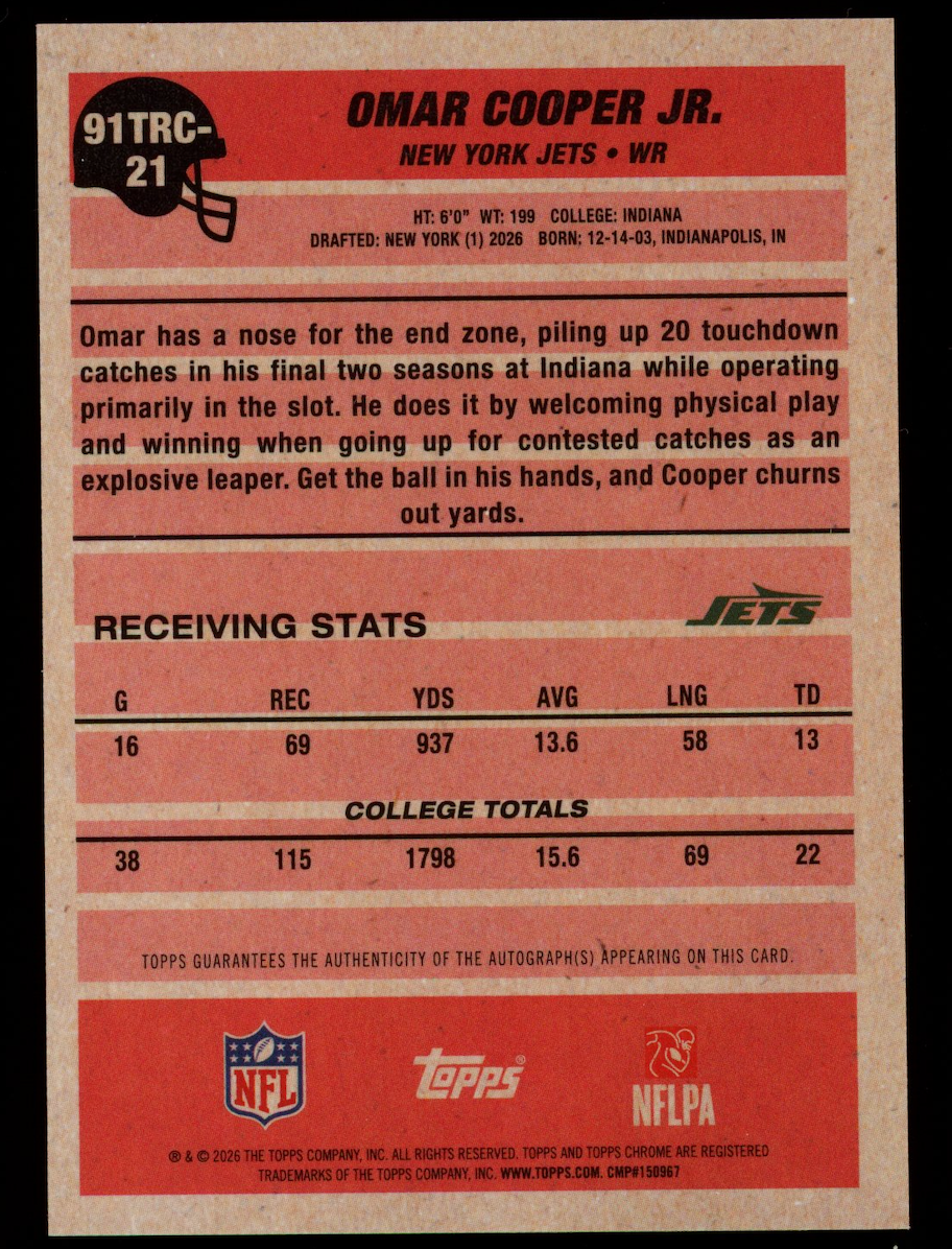 OMAR COOPER JR 2026 Topps Flagship Rookie 1991 Auto Green Mojo /99 #91TRC-21