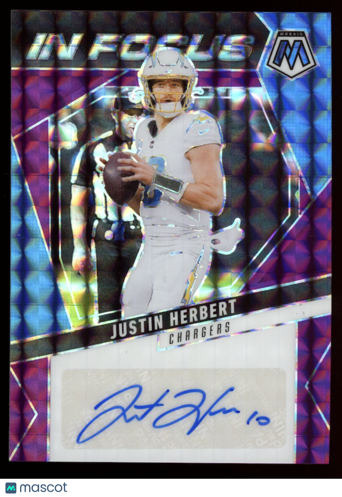 JUSTIN HERBERT 2025 Panini Mosaic In Focus Signatures Auto Purple /49 #IFS-JHT