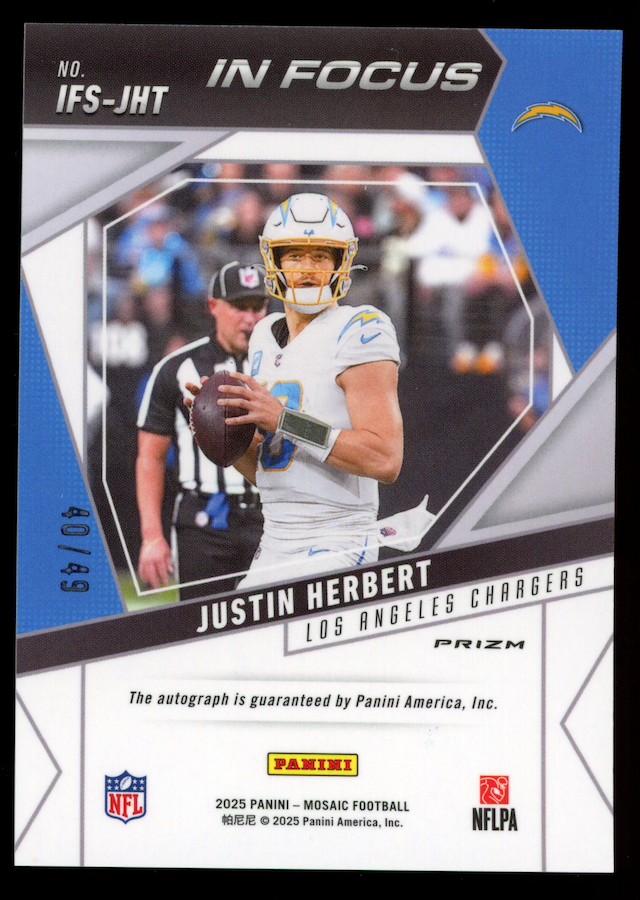 JUSTIN HERBERT 2025 Panini Mosaic In Focus Signatures Auto Purple /49 #IFS-JHT