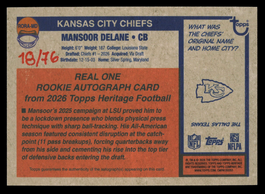 MANSOOR DELANE 2026 Topps Heritage Rookie Real One Auto Red Ink /76 #RORA-MD