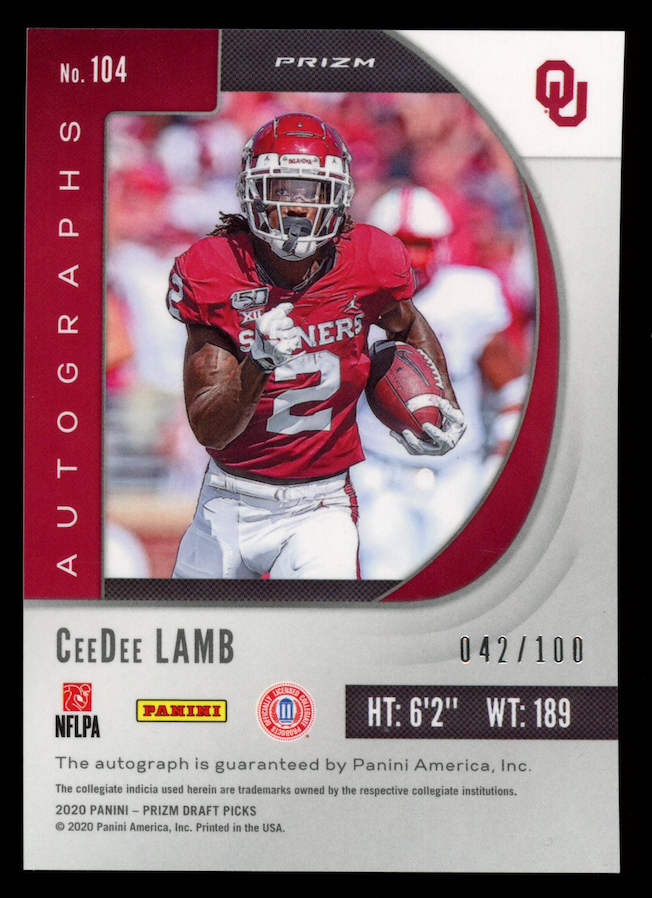 CEEDEE LAMB 2020 Panini Prizm Draft Picks Rookie Auto Orange /100 #104