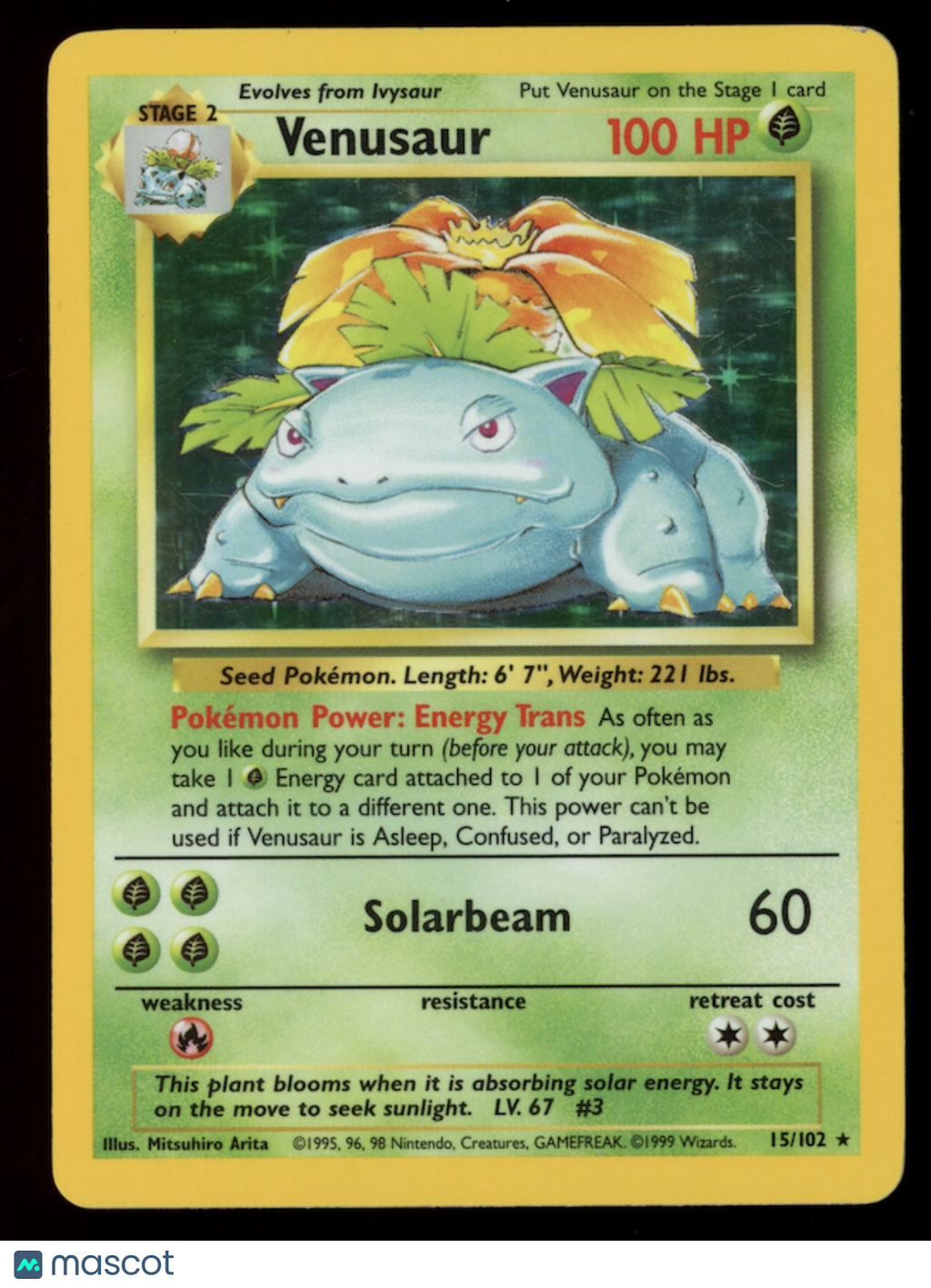 VENUSAUR 1999 Pokemon Base Set Holo Rare #15/102