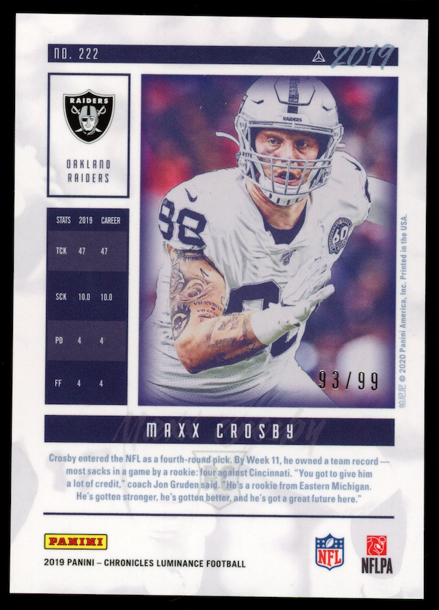 MAXX CROSBY 2019 Panini Chronicles Luminance Rookie Red Prizm /99 #222 Raiders