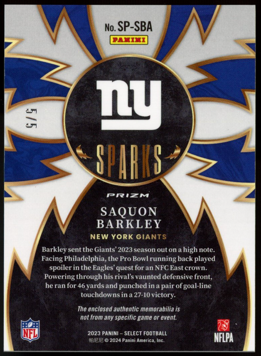 SAQUON BARKLEY 2023 Panini Select Sparks Patch Green Prizm /5 #SP-SBA Giants