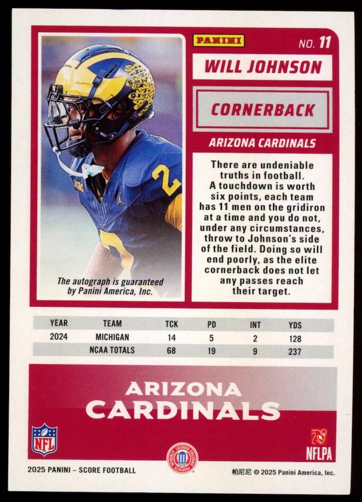 WILL JOHNSON 2025 Panini Score Rookie Auto Artist's Proof Blue /35 #11 Cardinals