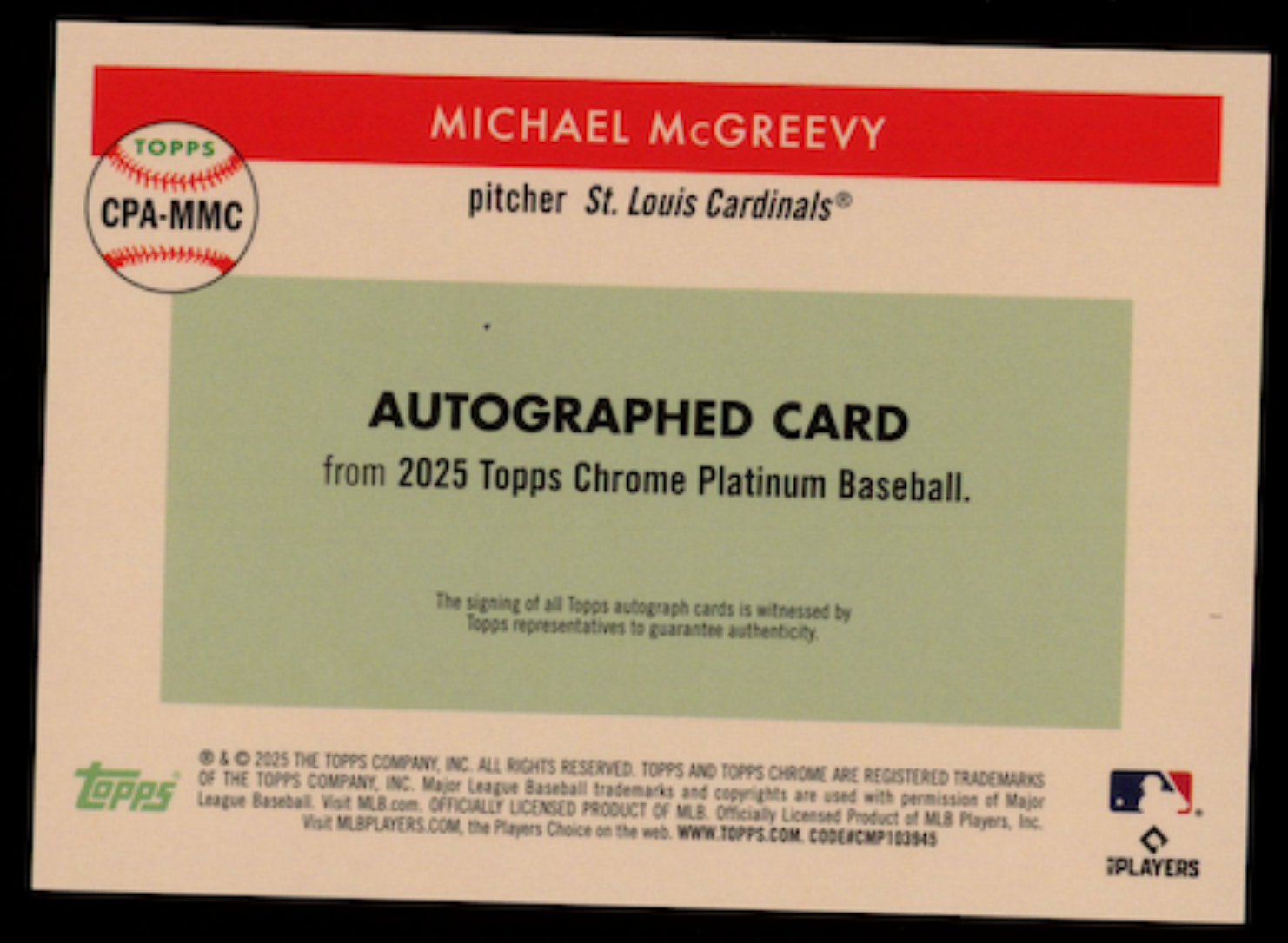 MICHAEL MCGREEVY 2025 Topps Chrome Platinum Rookie Auto Orange /25 #CPA-MMC