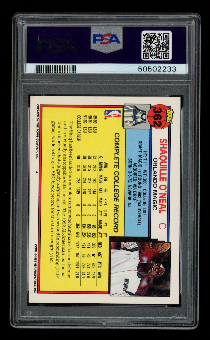 SHAQUILLE O'NEAL 1992-93 Topps Rookie Card #362 PSA 10 Magic
