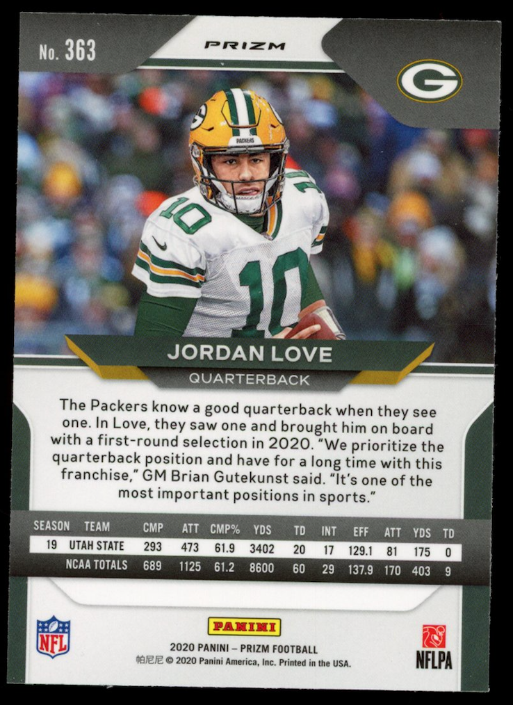 JORDAN LOVE 2020 Panini Prizm Rookie Lazer Prizm #363 Green Bay Packers