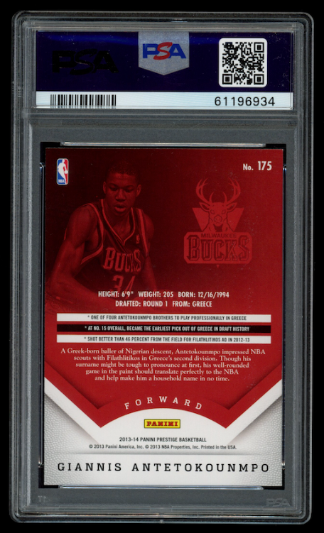 GIANNIS ANTETOKOUNMPO 2013-14 Panini Prestige Signed Rookie #175 PSA 9 Auto 10